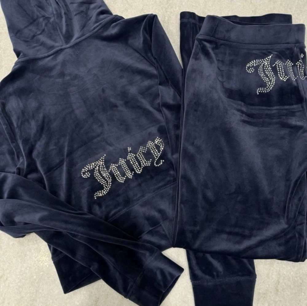 NEW! Medium JUICY COUTURE Velour Bling Tracksuit Hoodie & Pant Regal Blue Rare